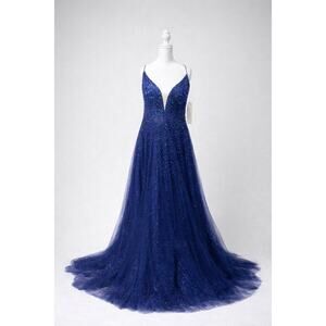 Jovani 08408B Navy Sequin Illusion Plunge A-Line Gown Size 22 NWT